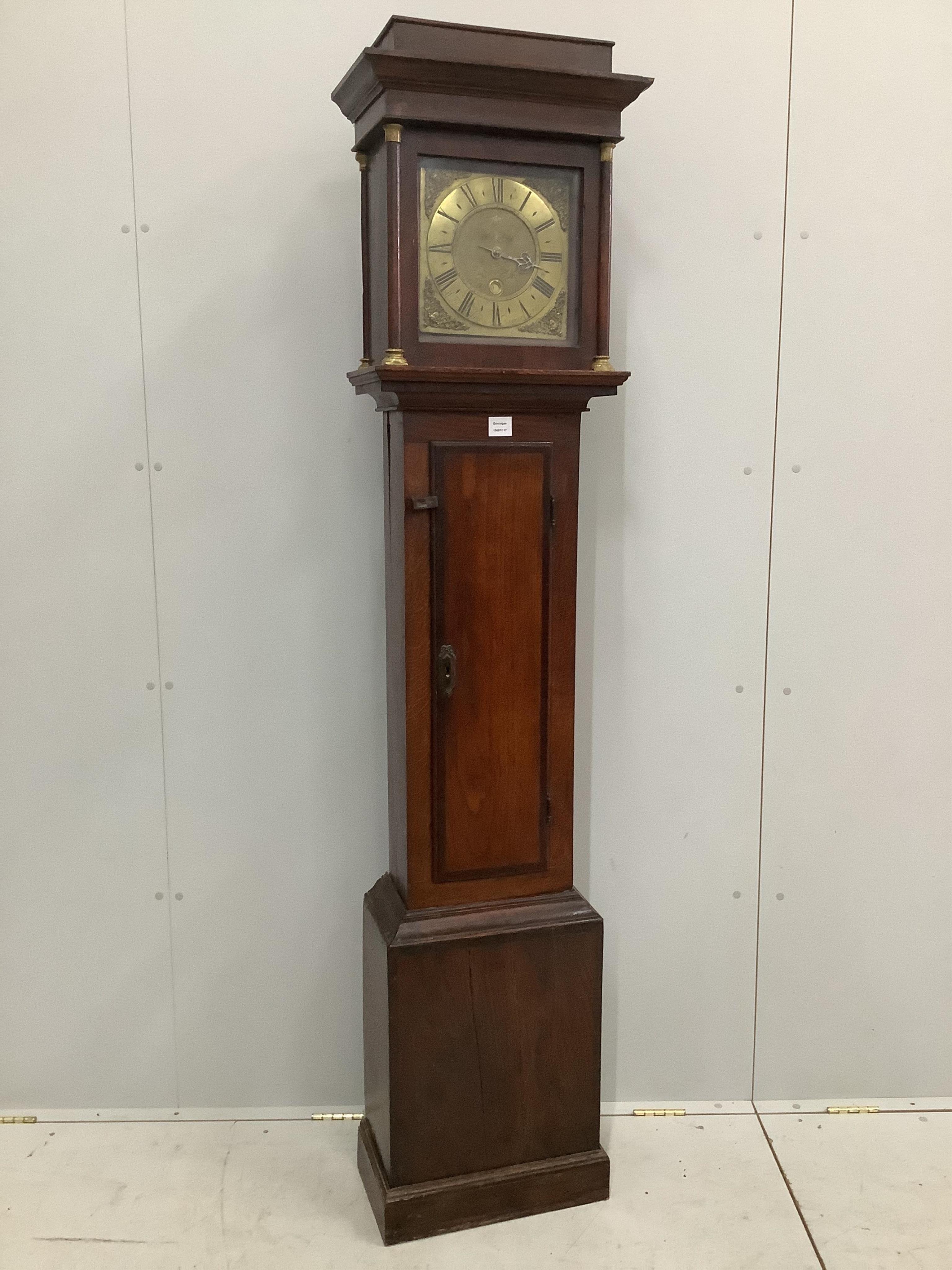 Wm. Budgen of Rygate, an early 18th century oak and mahogany thirty hour longcase clock, the square brass dial with a single hand, height 200cm. Condition - fair